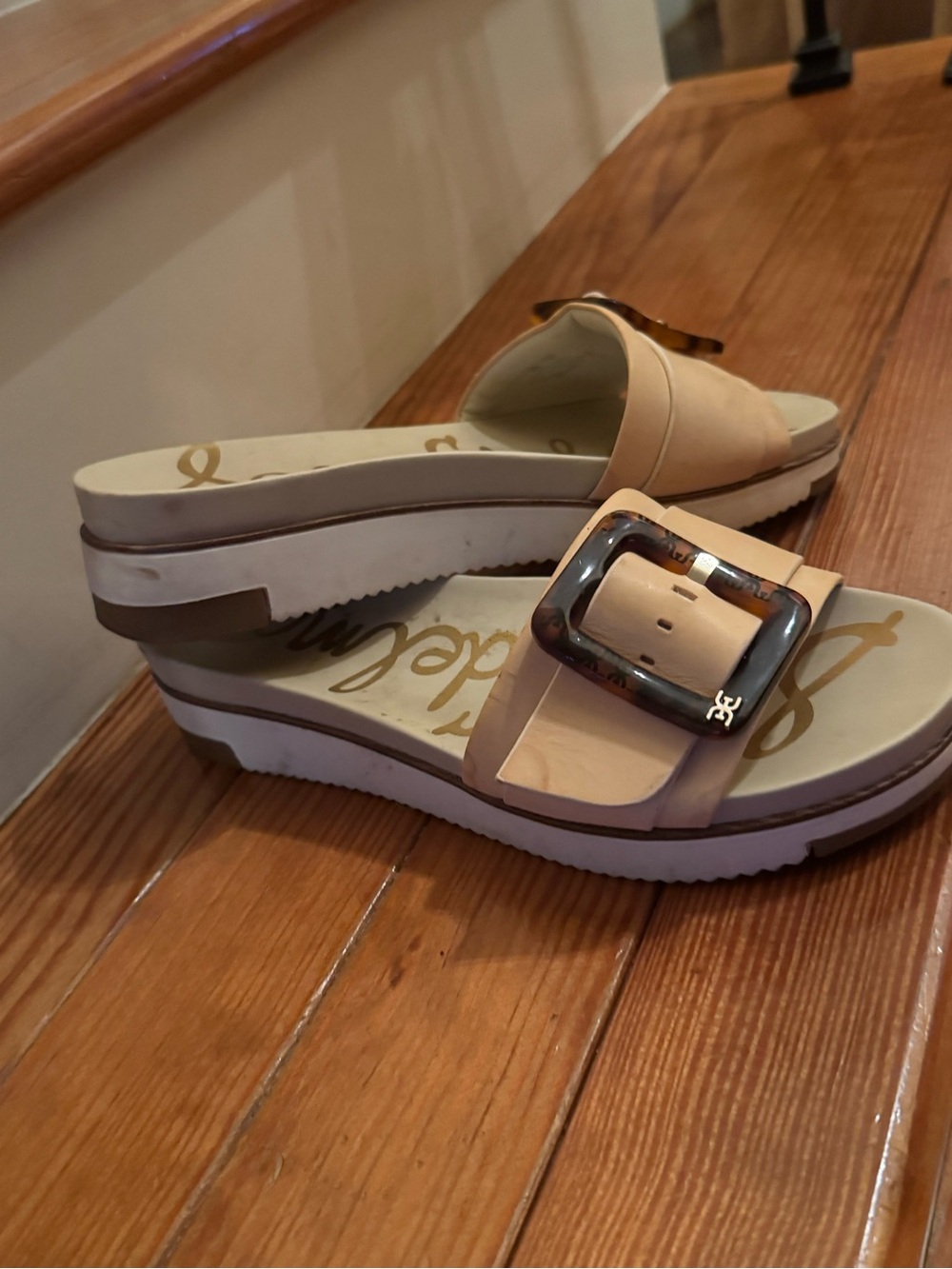 Sam Edelman Cream Slide Sandals with Tortoiseshell Accent Buckle - Picture 3 of 10